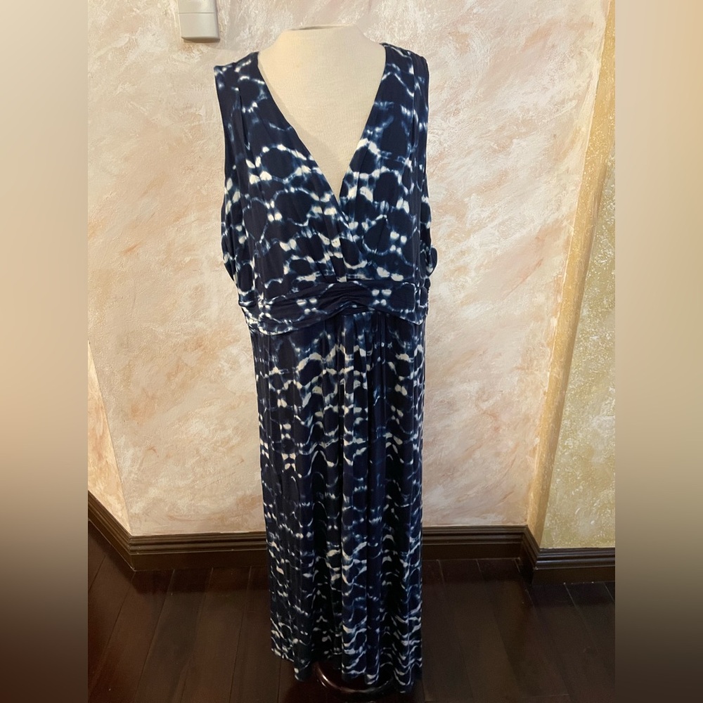 Grace Elements 3X Sleeveless Navy & White Tie-Dye Maxi Dress